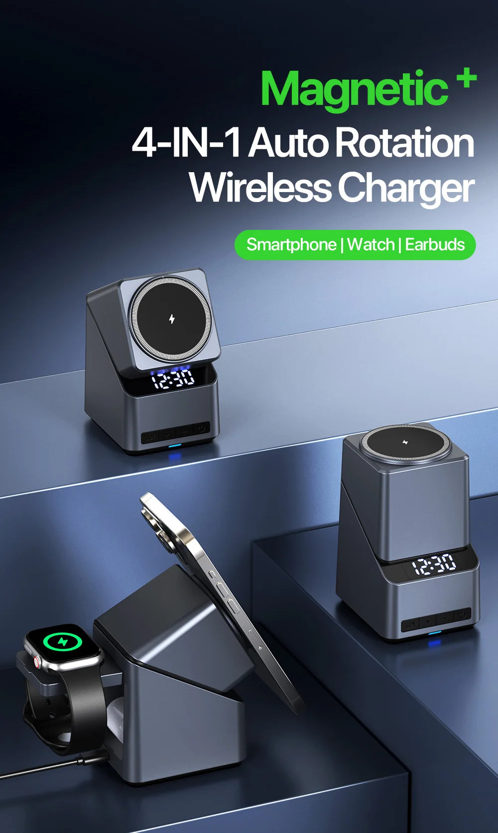 Magnetic 4 in 1 Auto Rotation Wireless Charger Fast Charging Up To 15W for Iphone 16 15 14 13 Pro Max, Iwatch, Airpods Pro